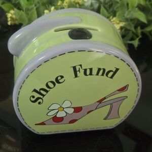 Vintage Ceramic Green/Violet Shoe Fund Coin Bank